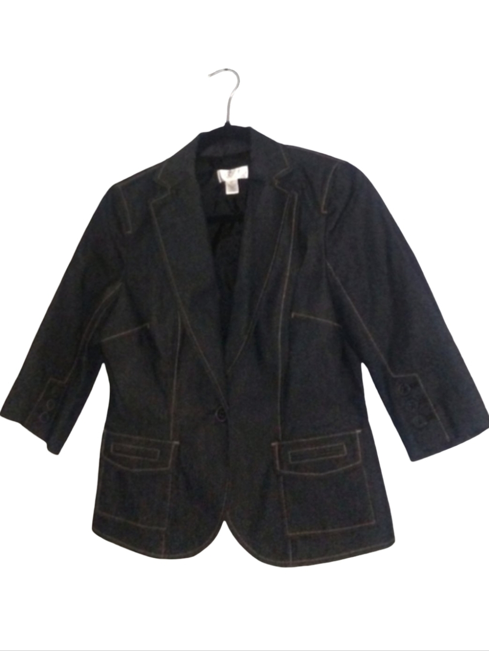 Dark Blue Stretch Denim Blazer Jean Jacket Ann Taylor LOFT Fitted Shaped 3/4 Slv